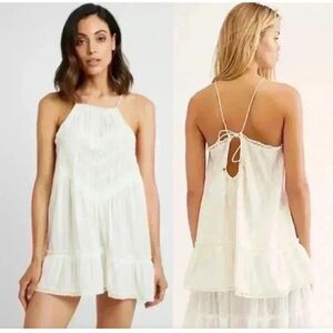 Free People Ivory Embroidered Halter Mini Dress Sleeveless Size S Bohemian